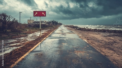 Coastal Tsunami Evacuation Route Sign Linked to Real Time Alert Network with Copy Space at the Top for Emergency Preparedness and Safety