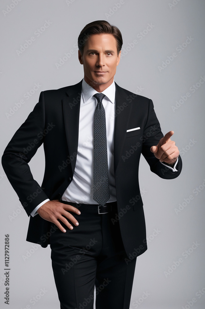 Adult fun successful employee business man corporate lawyer wear classic formal black suit shirt tie work in office point index finger aside on area isolated on plain grey background Adult fun successful employee business man corporate lawyer wear classic formal black suit shirt tie work in office point index finger aside on area isolated on plain grey background