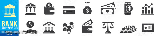 Bank icon vector illustration set. credit card mobile banking wallet ATM banger Editable line vector icons collection.