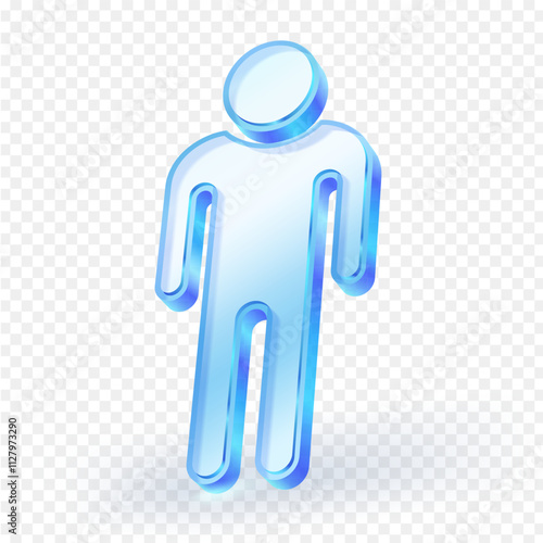 Man sign icon blue crystal glass material. Symbol for toilet, fitting room , bathroom with reflection isolated on white background. 3D vector illustration.