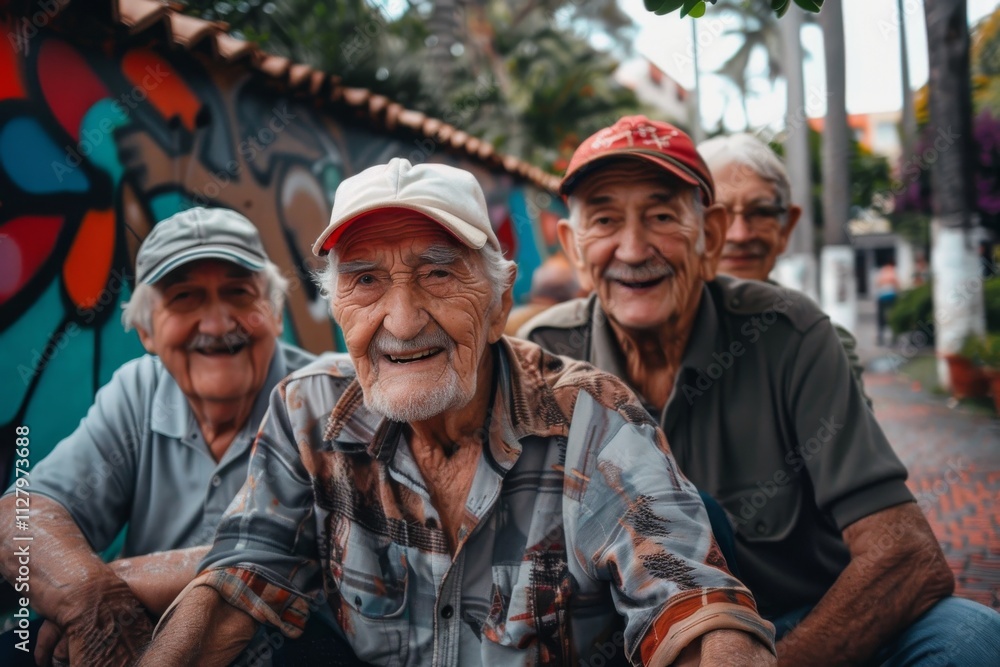 Portrait of three old men sitting on the street and laughing. Portrait of three old men sitting on the street and laughing.