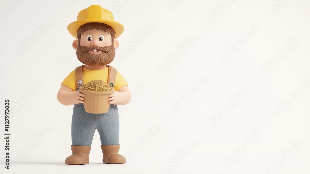 Happy cartoon construction worker holding sand bucket. Happy cartoon construction worker holding sand bucket.