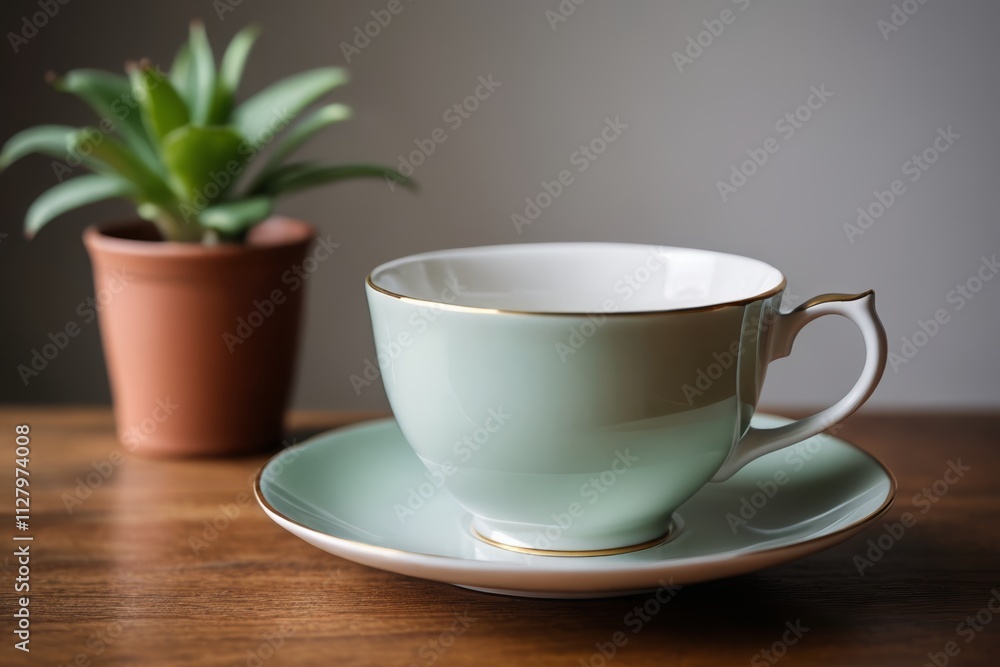 there is a cup and saucer on a table with a plant there is a cup and saucer on a table with a plant