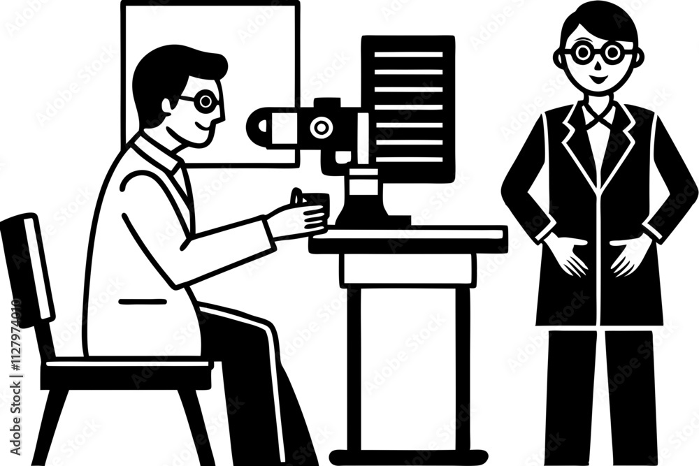 Modern illustration of an optometrist performing an eye exam Modern illustration of an optometrist performing an eye exam