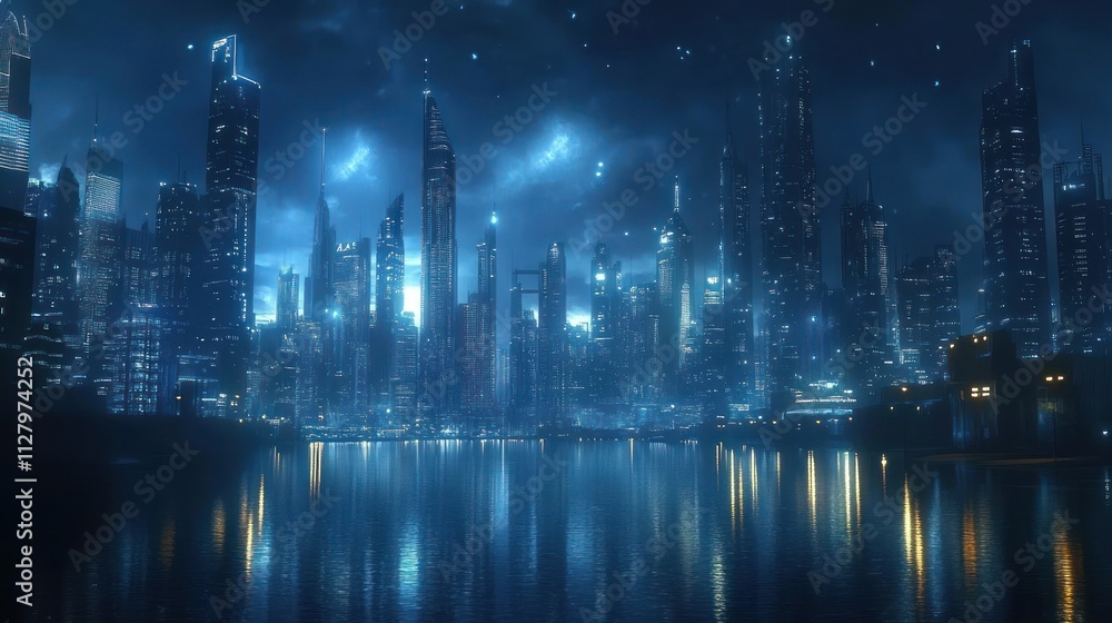 Modern city skyline at night, skyscrapers lit up, serene river reflecting city lights Modern city skyline at night, skyscrapers lit up, serene river reflecting city lights