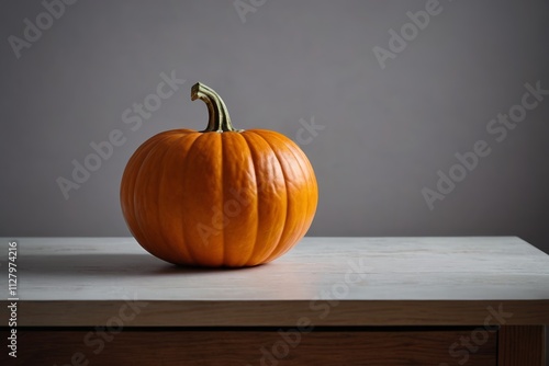 there is a small pumpkin sitting on a table with a gray background