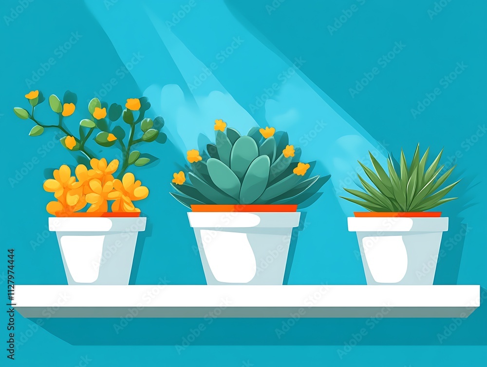 Three potted plants sit on a white shelf against a blue wall Three potted plants sit on a white shelf against a blue wall