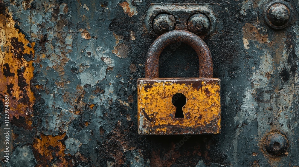 Rusty Lock on a Worn Metal Door with Peeling Paint and Texture Rusty Lock on a Worn Metal Door with Peeling Paint and Texture