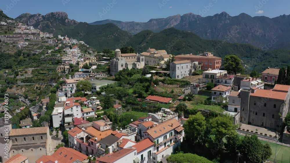 Aerial view of churches and central tourist area Ravello town on Amalfi Coast on sunny summer day, Italy Aerial view of churches and central tourist area Ravello town on Amalfi Coast on sunny summer day, Italy