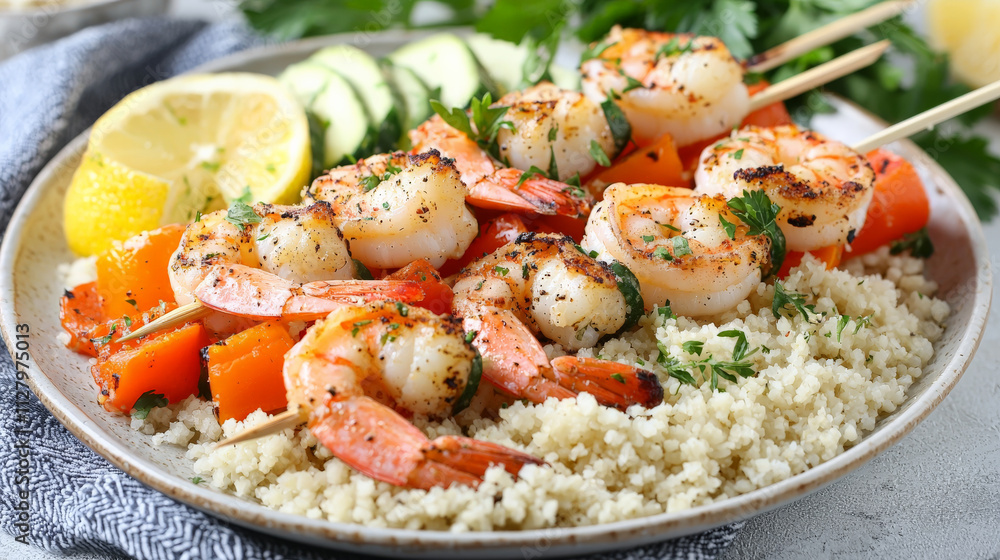 Grilled shrimp skewers with colorful vegetables and couscous on plate, garnished with lemon and herbs, create vibrant and healthy meal Grilled shrimp skewers with colorful vegetables and couscous on plate, garnished with lemon and herbs, create vibrant and healthy meal