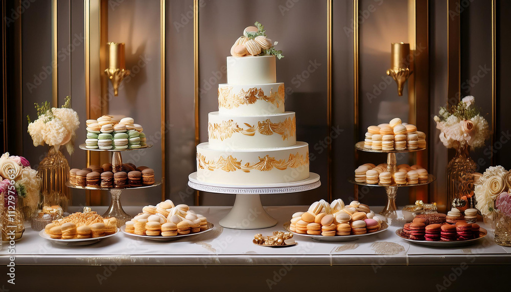 Elegant Dessert Table with Assorted Pastries, Macarons, and Multi-Tiered Cake Elegant Dessert Table with Assorted Pastries, Macarons, and Multi-Tiered Cake