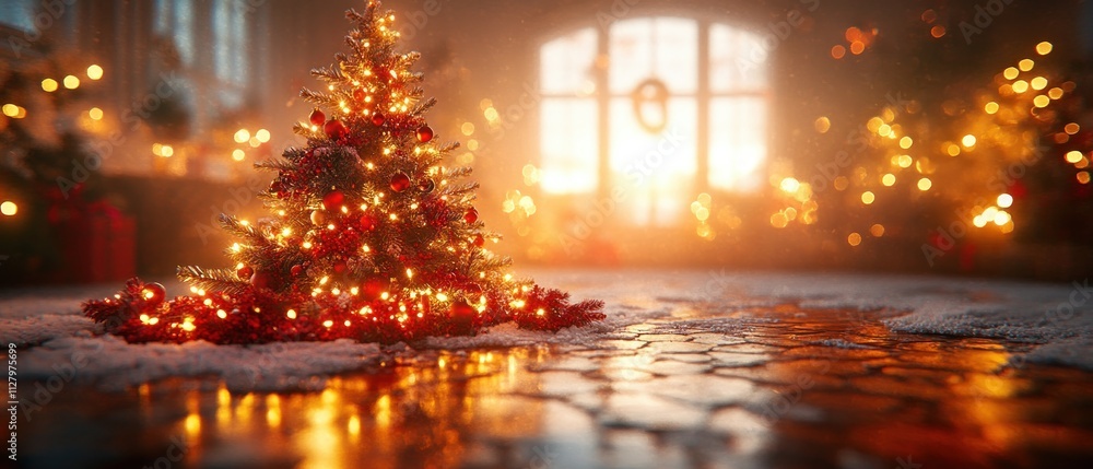 Fototapeta premium Festive Christmas tree lights create a cozy tropical beach atmosphere at night celebrating the joy of the holiday season