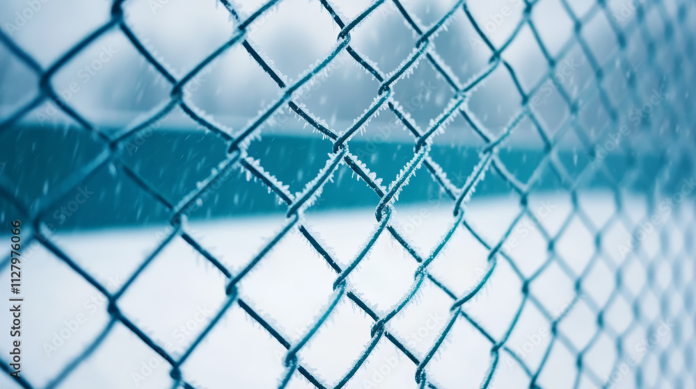 Fototapeta premium Frosted chain link fence with icy rain creating sparkling effect