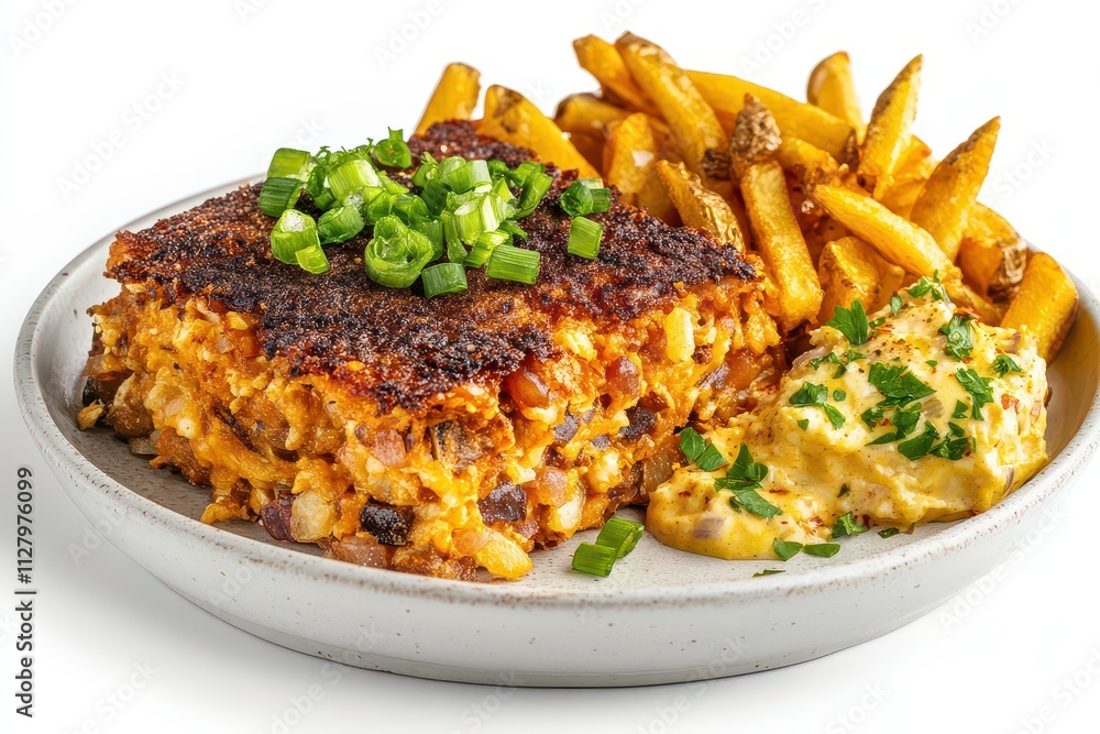 A plate of baked casserole with green onions, served with fries and a creamy dip. A plate of baked casserole with green onions, served with fries and a creamy dip.
