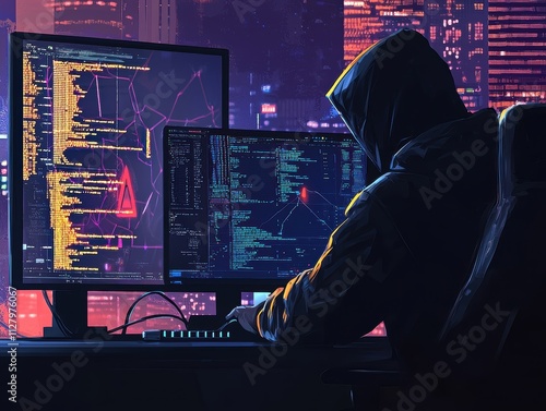 Mysterious Hacker Working Late at Night in Dark Urban Environment