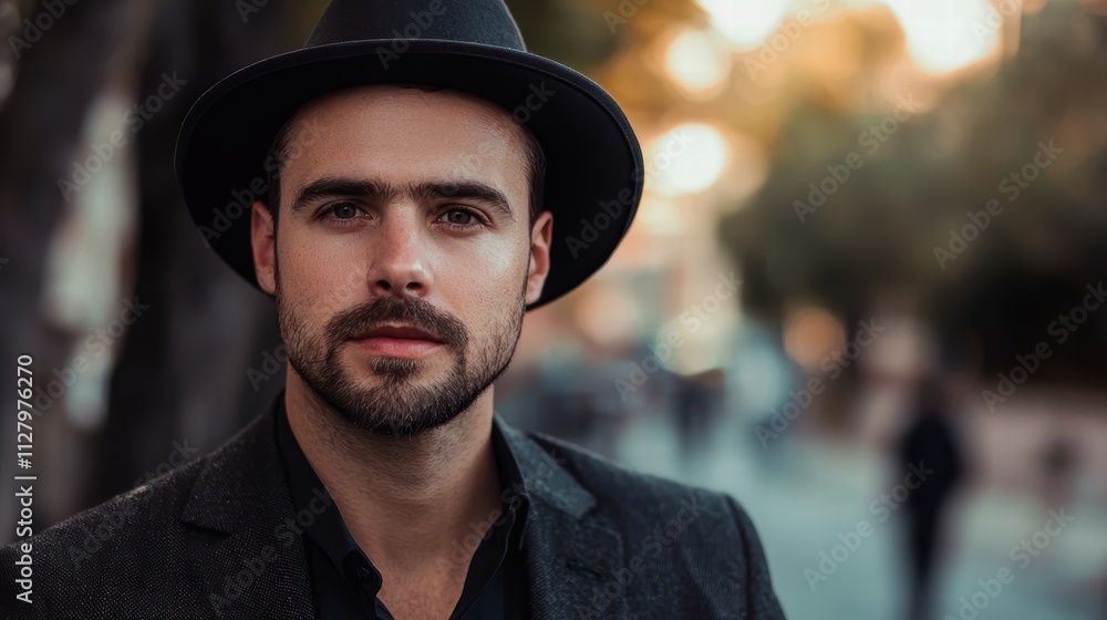 Stylish man in hat poses outdoors with soft background blur Stylish man in hat poses outdoors with soft background blur