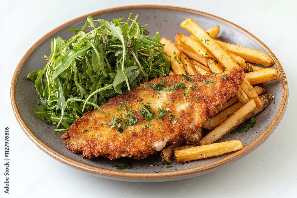 A plate featuring fried fish, golden fries, and a side of fresh greens. A plate featuring fried fish, golden fries, and a side of fresh greens.
