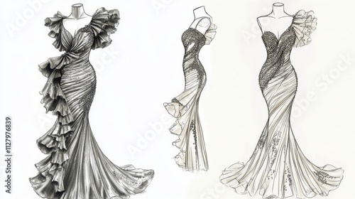 Ultra detailed, photorealistic fashion design sketch of a flowing maxi dress with tiered layers