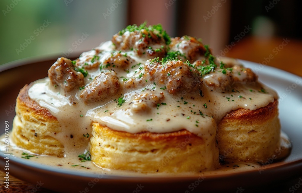 Delicious flaky biscuits topped with creamy sausage gravy in rustic kitchen setting