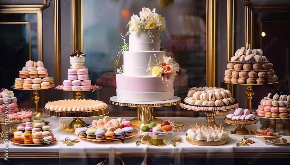 Elegant Dessert Table with Assorted Pastries, Macarons, and Multi-Tiered Cake
