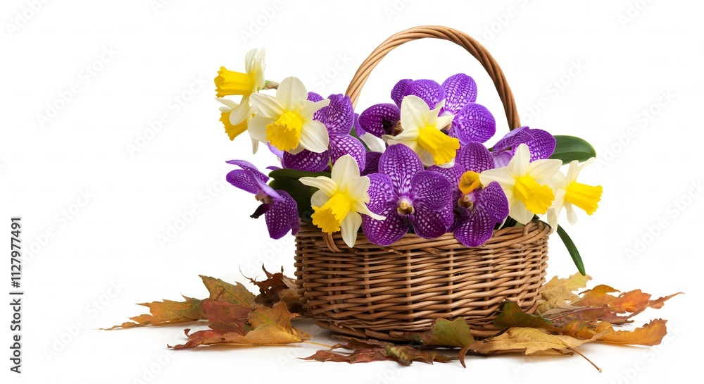 A wicker basket filled with vibrant , colorful flowers , including gerberas and daisies , surrounded by lush green foliage on a white background . A wicker basket filled with vibrant , colorful flowers , including gerberas and daisies , surrounded by lush green foliage on a white background .