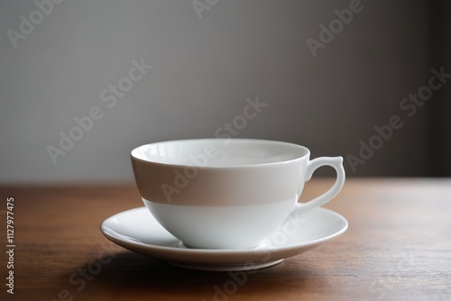 there is a white cup and saucer on a wooden table