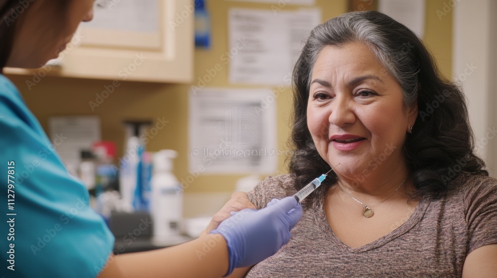 Healthcare professional administering vaccine to senior woman in clinic setting, promoting wellness and preventive care for elderly patients. Healthcare professional administering vaccine to senior woman in clinic setting, promoting wellness and preventive care for elderly patients.