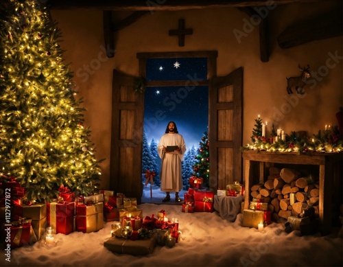 Jesus sits in front of a christmas tree