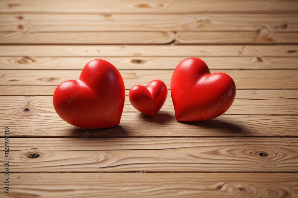 three red hearts are sitting on a wooden surface three red hearts are sitting on a wooden surface