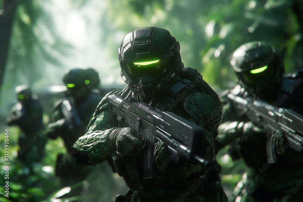 Futuristic Soldiers in Dense Jungle Ambush, Advanced Weaponry Futuristic Soldiers in Dense Jungle Ambush, Advanced Weaponry
