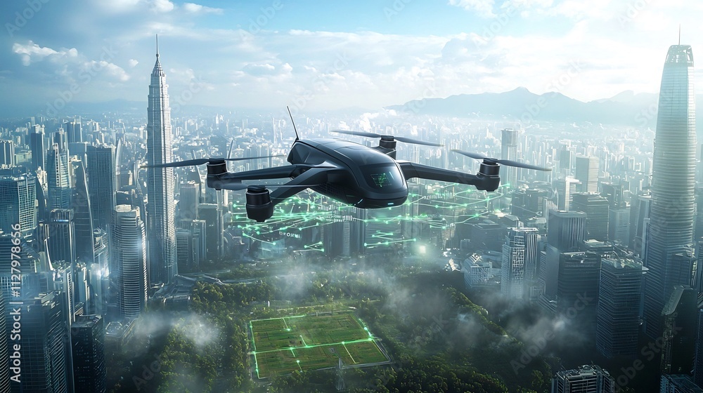 Aerial drone hovering over a vast futuristic farmland collecting and transmitting real time data to a connected agricultural network Aerial drone hovering over a vast futuristic farmland collecting and transmitting real time data to a connected agricultural network