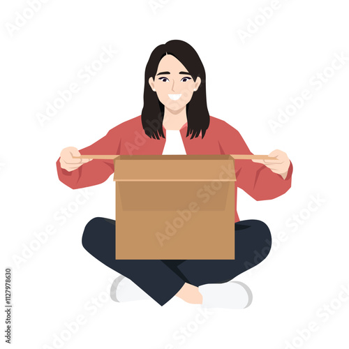 Woman unpacks the received package. Flat vector Character Illustration