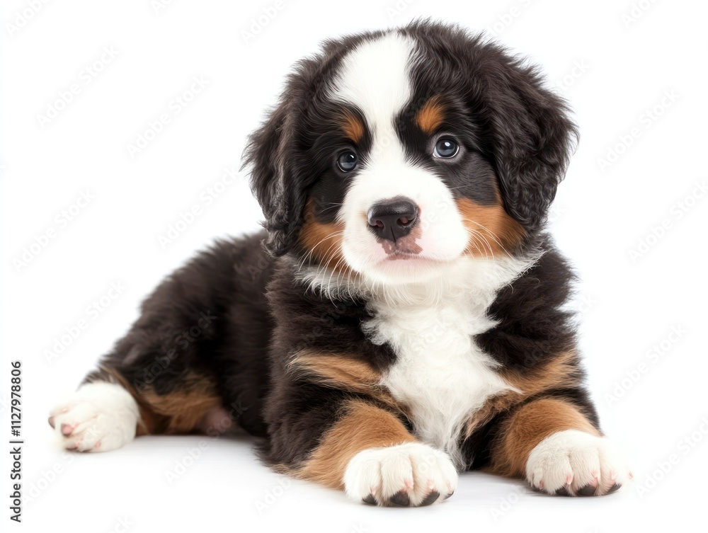 Adorable Bernese Mountain Dog puppy lying down on white background. Adorable Bernese Mountain Dog puppy lying down on white background.