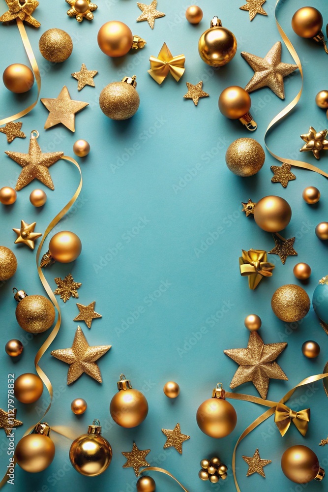 Fototapeta premium Christmas frame border with golden balls, stars, ribbon on blue background, flat lay