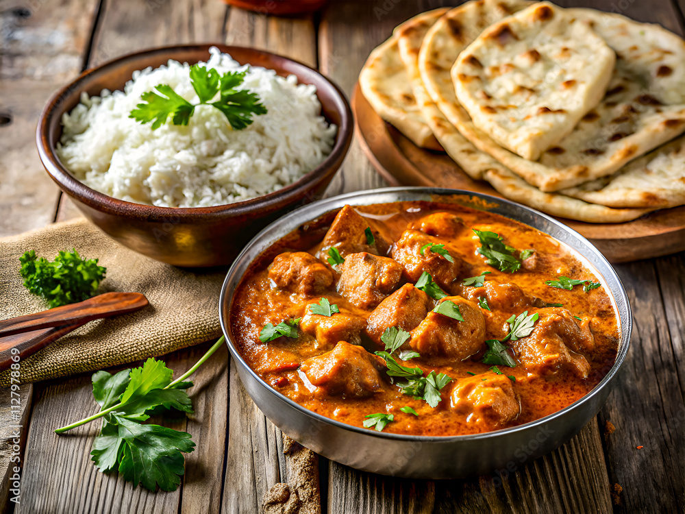 Tasty Indian Chicken Tikka Masala with Rice and Naan Bread. Delicious Food Background Tasty Indian Chicken Tikka Masala with Rice and Naan Bread. Delicious Food Background