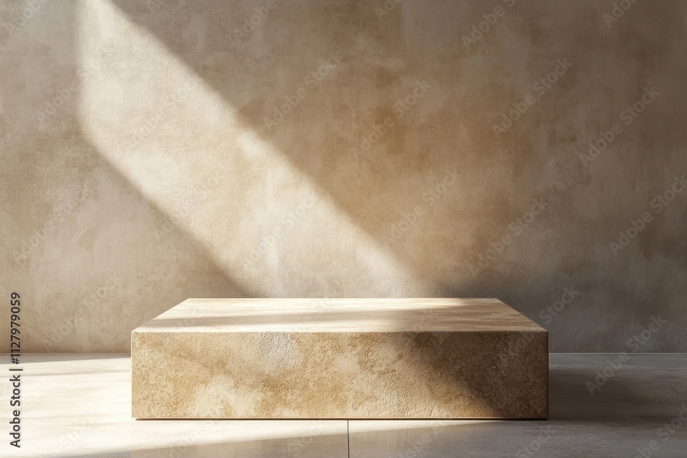 Beige stone platform against textured wall with sunlight. Beige stone platform against textured wall with sunlight.