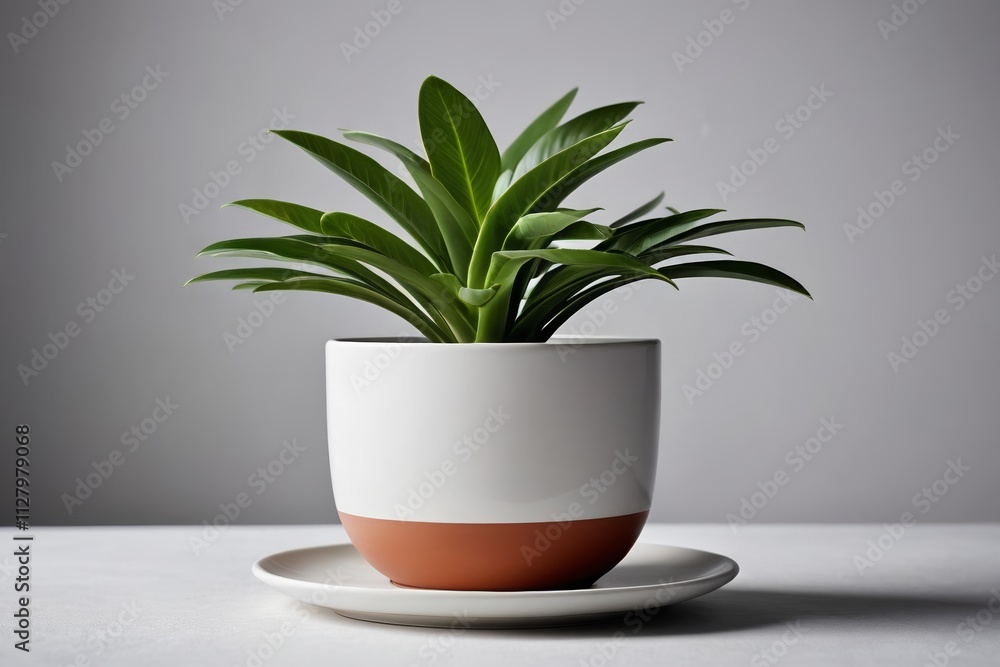 there is a plant in a white and orange pot on a plate there is a plant in a white and orange pot on a plate