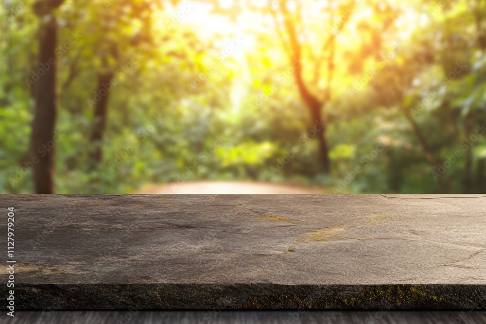 Empty stone table with blurred forest background. Empty stone table with blurred forest background.
