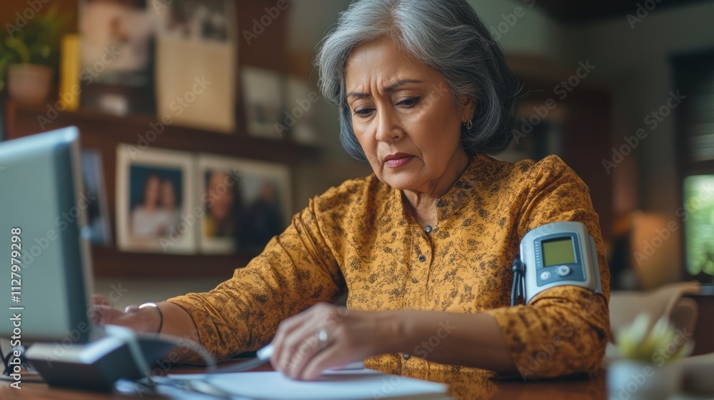 Elderly woman monitoring blood pressure at home. Senior health awareness, digital healthcare solutions, and self-care. Boost wellness effectively. Elderly woman monitoring blood pressure at home. Senior health awareness, digital healthcare solutions, and self-care. Boost wellness effectively.