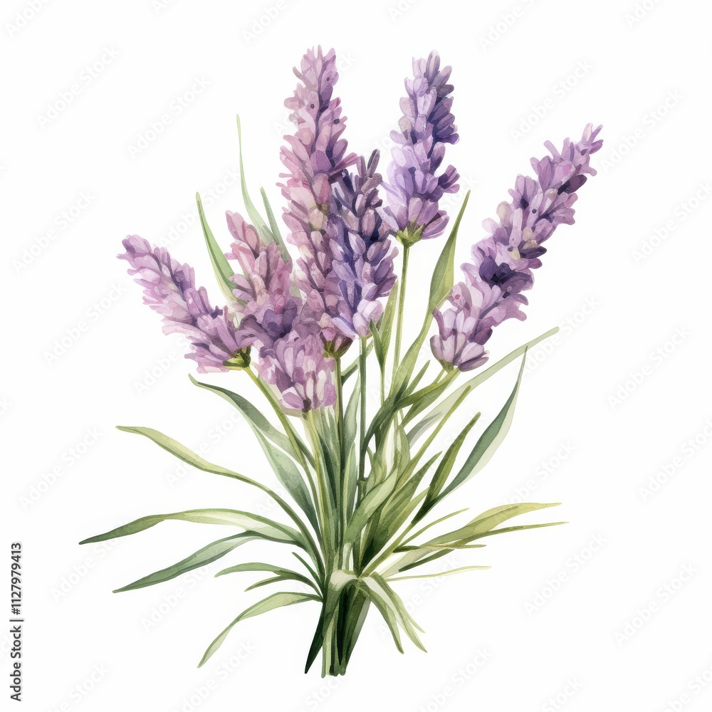Obraz premium A beautiful watercolor painting of lavender flowers, showcasing delicate purple blooms and lush green leaves.