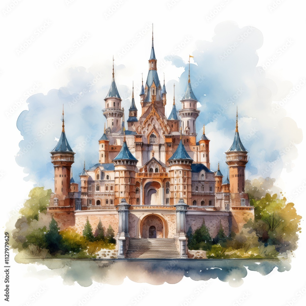 Obraz premium A whimsical watercolor painting of a majestic castle with turrets, surrounded by lush greenery and a tranquil water body.