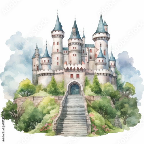 Wallpaper Mural A whimsical watercolor illustration of a fairy-tale castle, complete with towers, surrounded by lush greenery and a serene atmosphere. Torontodigital.ca