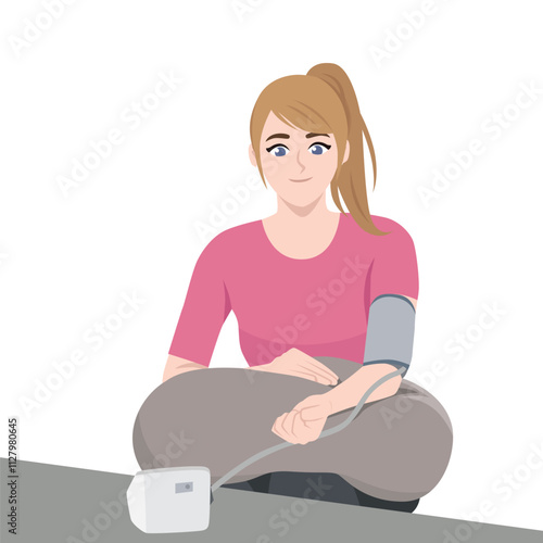 Young woman using Electronic Blood Pressure Monitor to measure her blood pressure. Flat vector Character Illustration