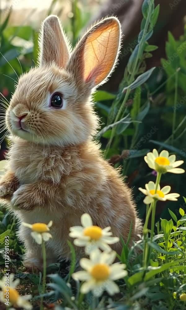 A fluffy rabbit with soft, big ears hopping through a garden A fluffy rabbit with soft, big ears hopping through a garden