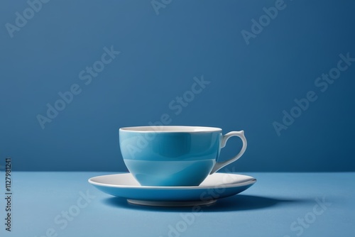 there is a cup and saucer on a blue table