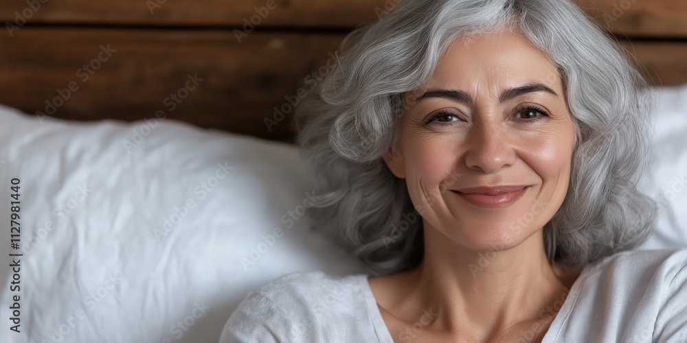A joyful elderly woman with gray hair smiles serenely on a cozy bed, exuding warmth and comfort in a softly lit indoor environment for a feeling of tranquility. A joyful elderly woman with gray hair smiles serenely on a cozy bed, exuding warmth and comfort in a softly lit indoor environment for a feeling of tranquility.