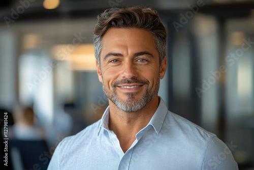 Confident Mature Businessman in Modern Office Setting Smiling at Camera