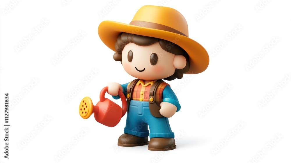 Happy cartoon farmer boy holding watering can. Happy cartoon farmer boy holding watering can.