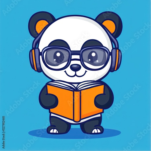 Cute panda wearing glasses and headphones reading a book. photo