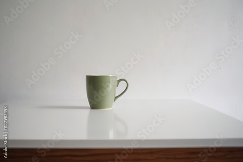 there is a green cup sitting on a white table